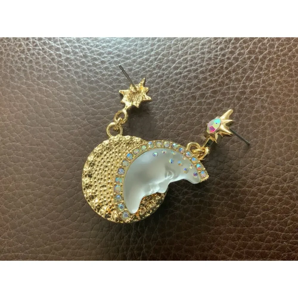 Sun Moon Star Earrings Face Mismatch Gold Deco Celestial Glass CZ Asymmetric